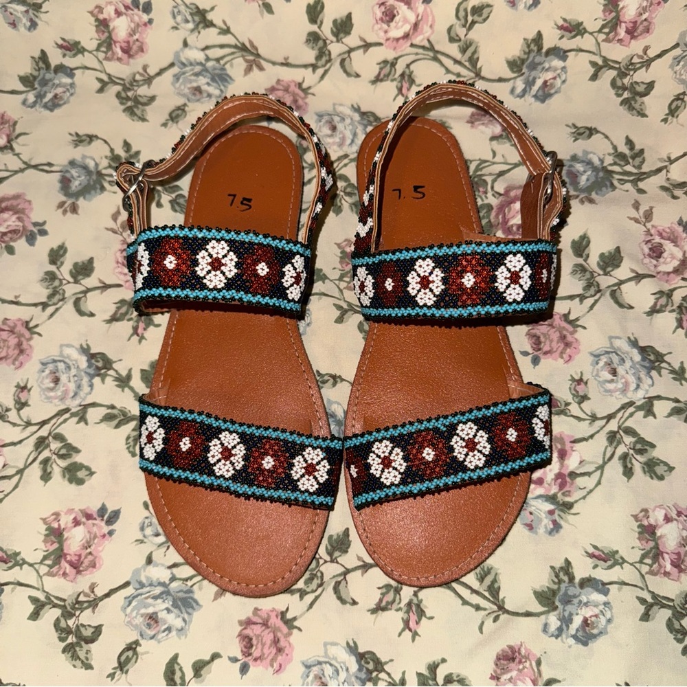 Beaded Sandals with Floral Design